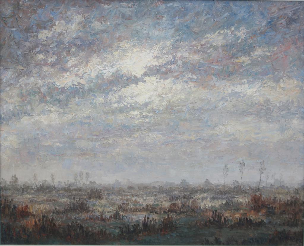 Albert Van Hecke (1909-1993): Landschap in de meersen (77x67, Antiquités & Art, Enlèvement ou Envoi