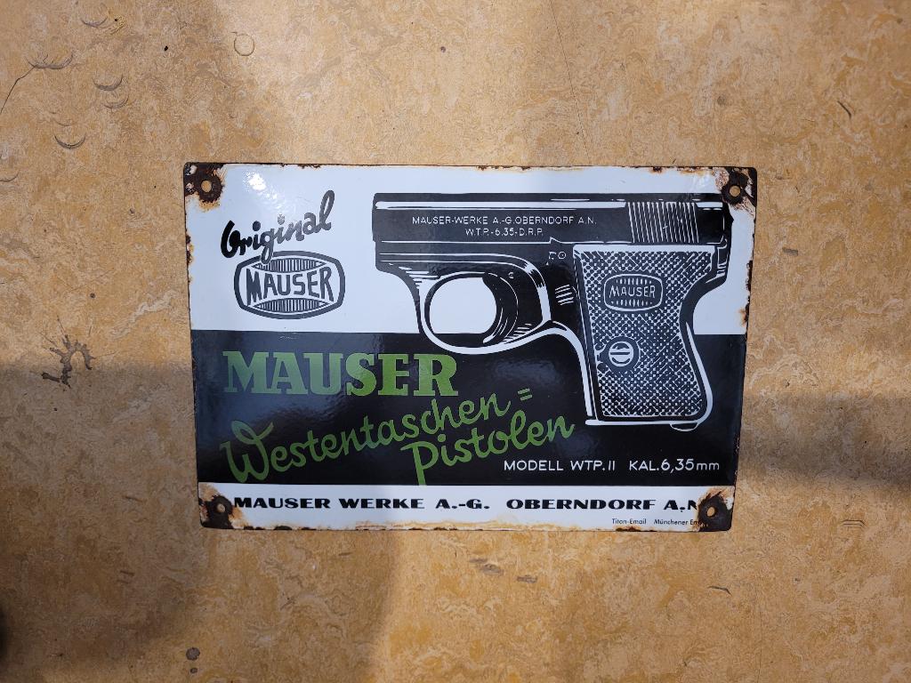 ancienne plaque publicitaire allemande pistolet Mauser, Enlèvement ou Envoi, Utilisé, Panneau publicitaire