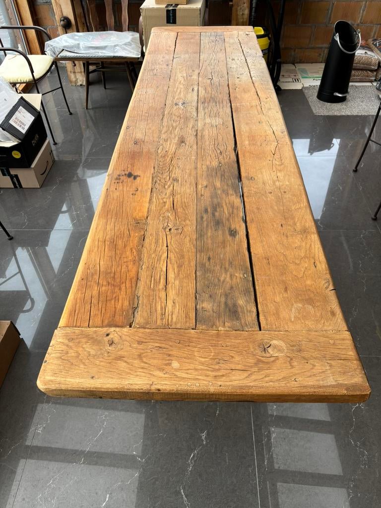 Massief eikenhouten tafel in boerderijstijl + 6 smeedijzeren, Huis en Inrichting, Tafels | Eettafels, Ophalen, Gebruikt, Eikenhout