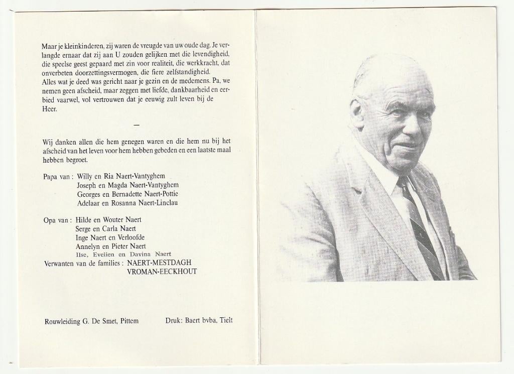 A.  NAERT Vroman Egem Roeselare 1992 Burgemeester, Verzenden, Bidprentje