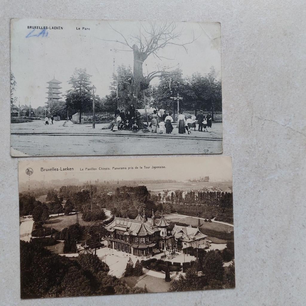 2 oude postkaarten Laken : park en Chinees Paviljoen, Ophalen of Verzenden