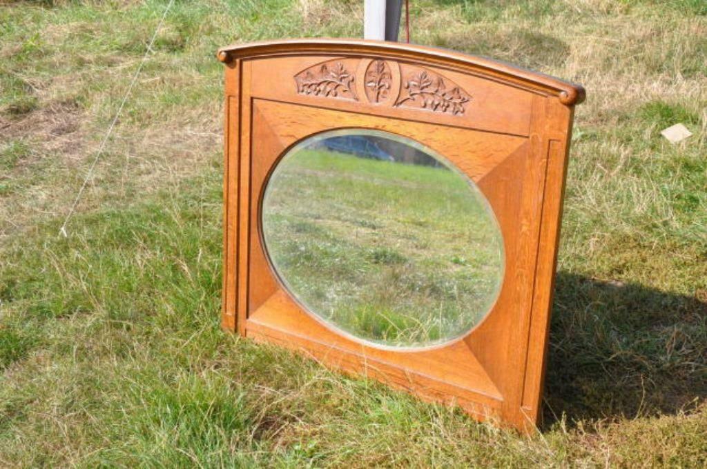 § miroir bisauté art nouveau fronton sculpte bois de chêne, Ophalen, 100 tot 150 cm, Minder dan 100 cm