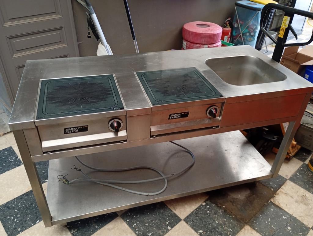 RVS tafel met 2 uitneembare inductieplaten en spoelbak, Huis en Inrichting, Ophalen