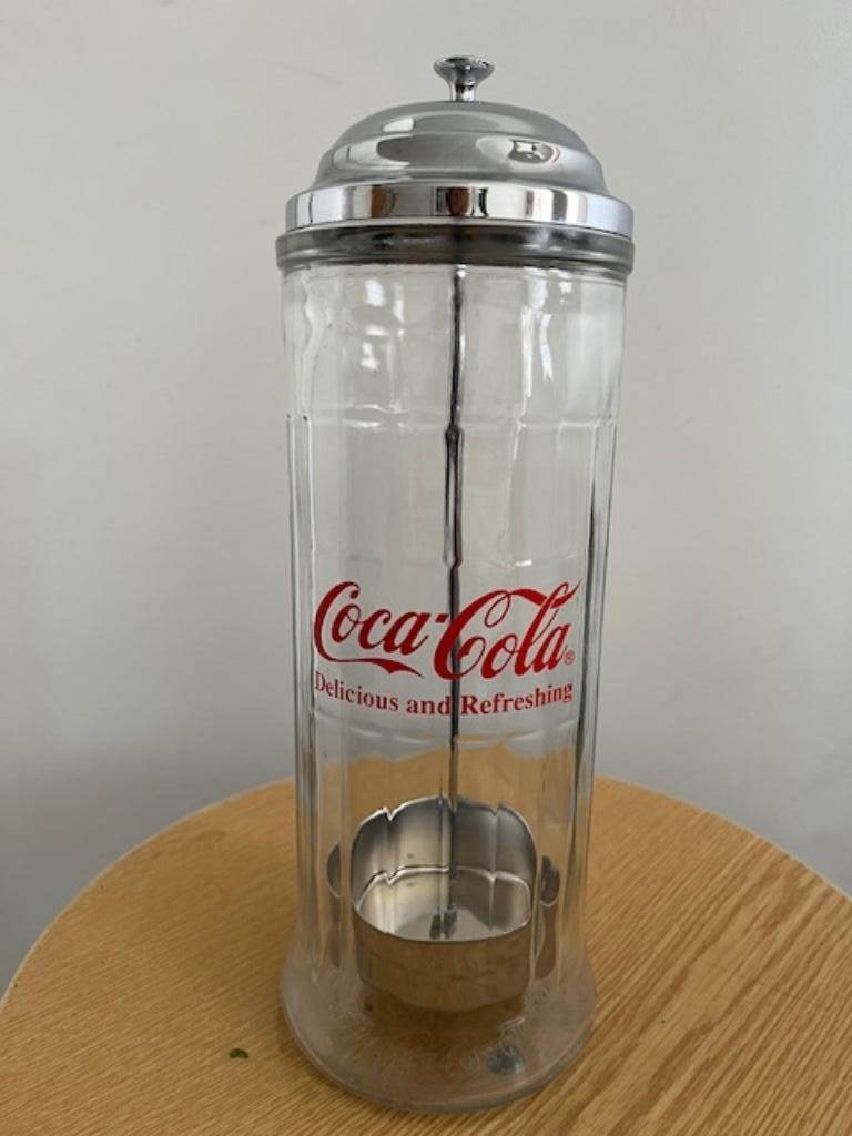 Coca-Cola glazen rietjes pot - straw dispenser, Verzamelen, Ophalen, Huis en Inrichting