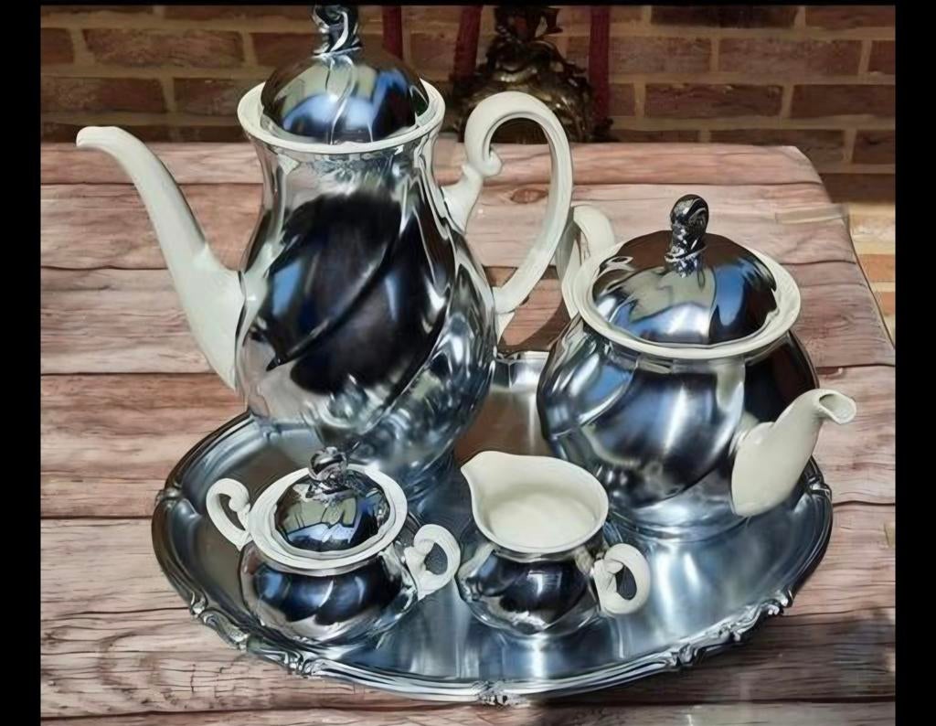 Vintage 5delig porselein verzilverde koffie/thee set, Antiek en Kunst, Antiek | Servies compleet, Ophalen