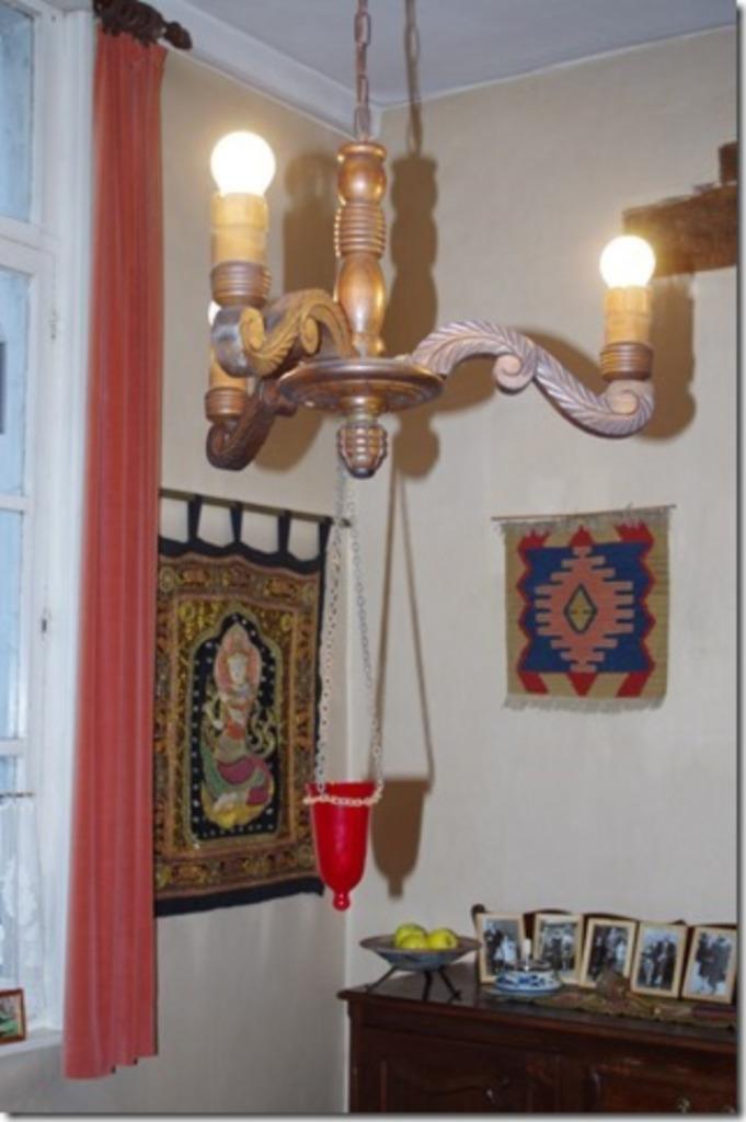 Oude houten luster met 3 armen, Ophalen, Hout