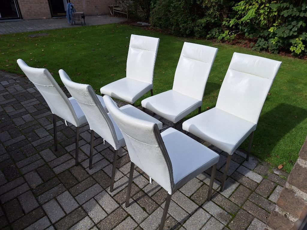 6 lederen eetkamer stoelen, Ophalen, Gebruikt, Wit, Leer