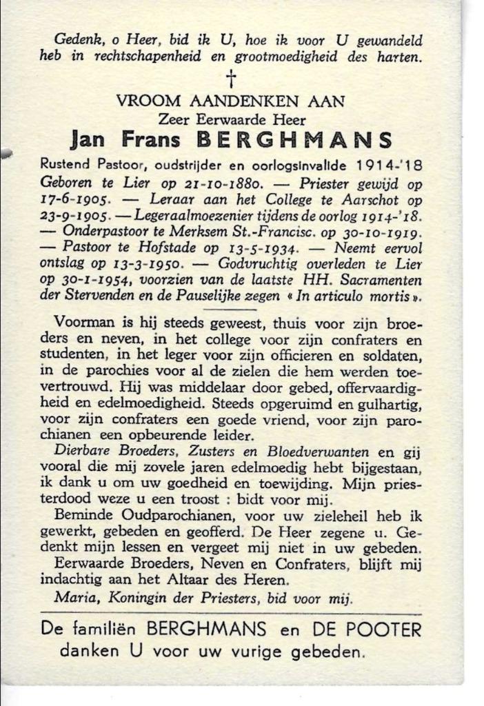 EH Jan Frans Berghmans 1880 +1954 Aumônier WOI, Enlèvement ou Envoi