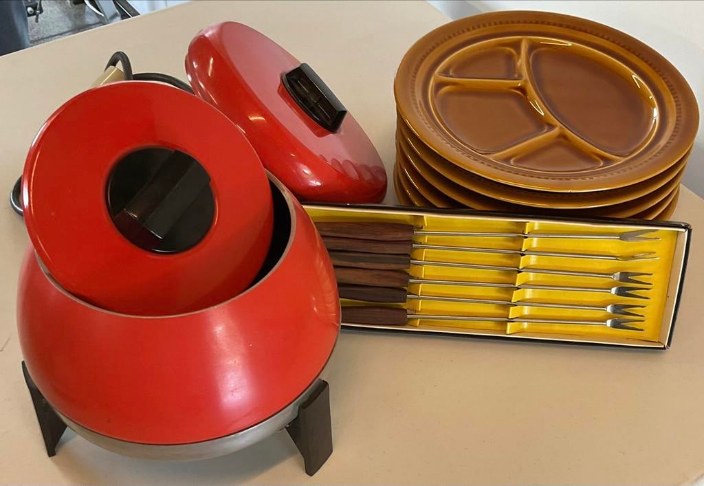 Fondue stel, 6 borden en zes vorken, Enlèvement ou Envoi, Comme neuf, Électrique, Service à fondue