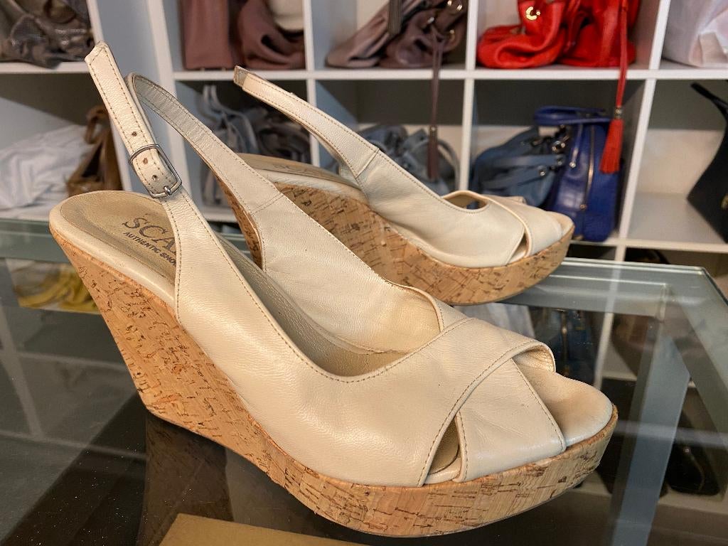 SCAPA lichtbeige lederen sleehak sandalen - 40, Scapa, Beige, Zo goed als nieuw, Sandalen of Muiltjes
