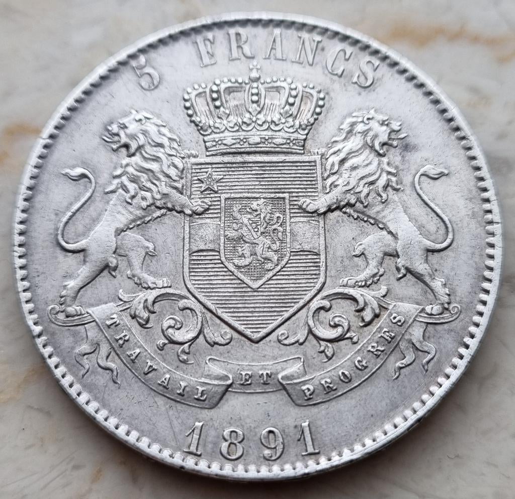 5 Francs 1891 (Belgisch Congo) Leopold II / Zeer zeldzaam !, Enlèvement ou Envoi, Monnaie en vrac, Argent