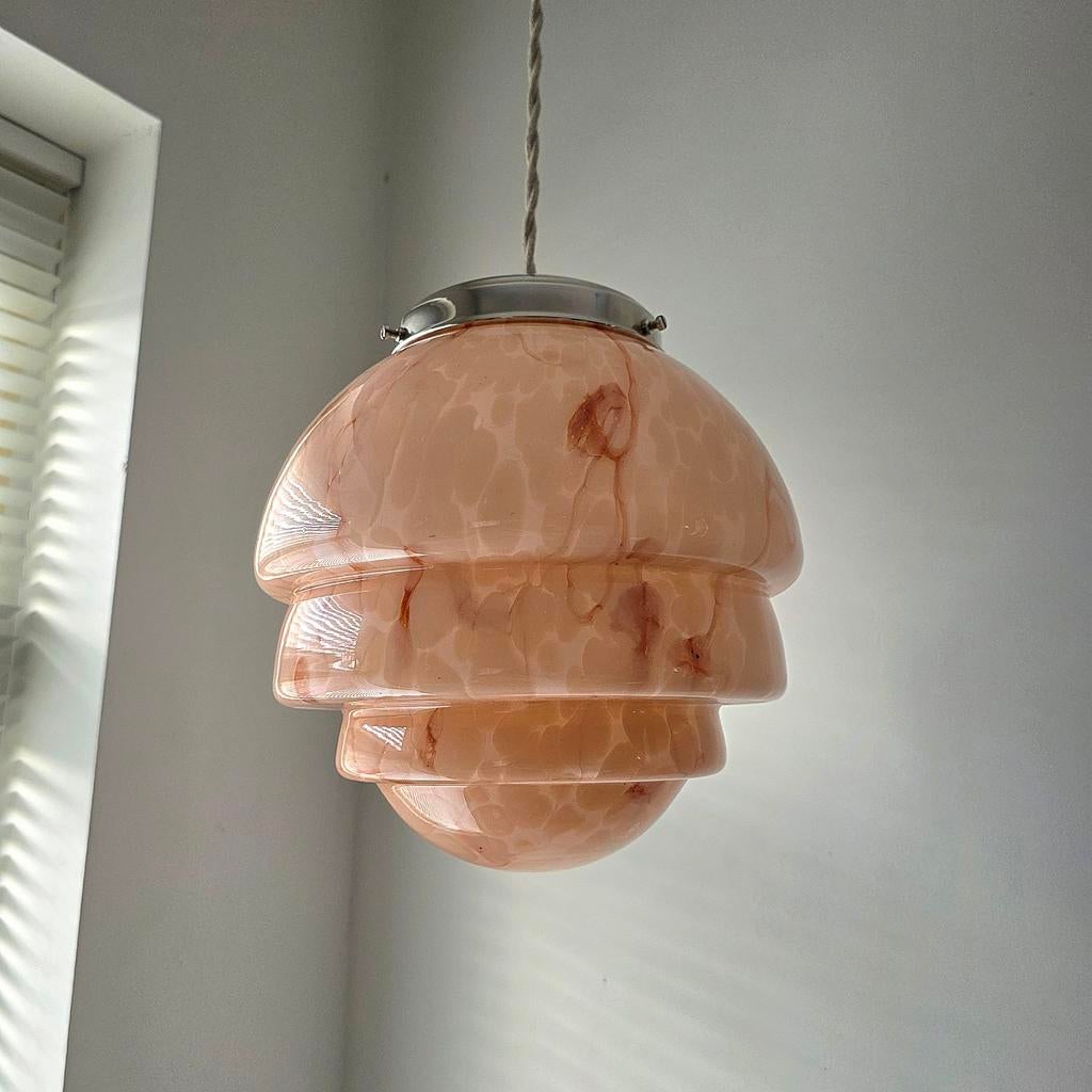 Vintage Art-Deco gemarmerde opaline glazen hanglamp., Ophalen of Verzenden