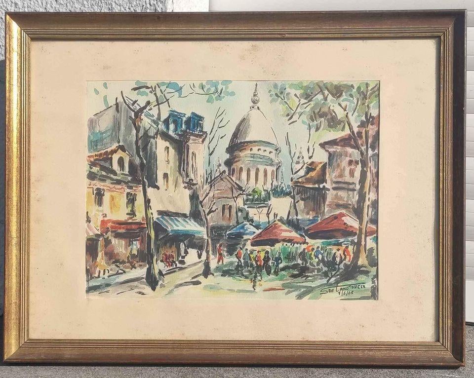 aquarelle marche aux fleur signe s de landtsheer, Ophalen of Verzenden