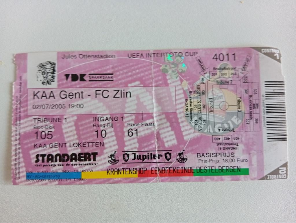 Ticket aa gent vs fc zlin intertoto 2005, Verzamelen, Ophalen of Verzenden