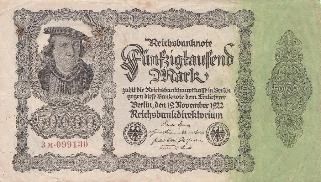 Duits bankbiljet van 50.000 Mark, 1922, Postzegels en Munten, Ophalen of Verzenden, Duitsland, Los biljet
