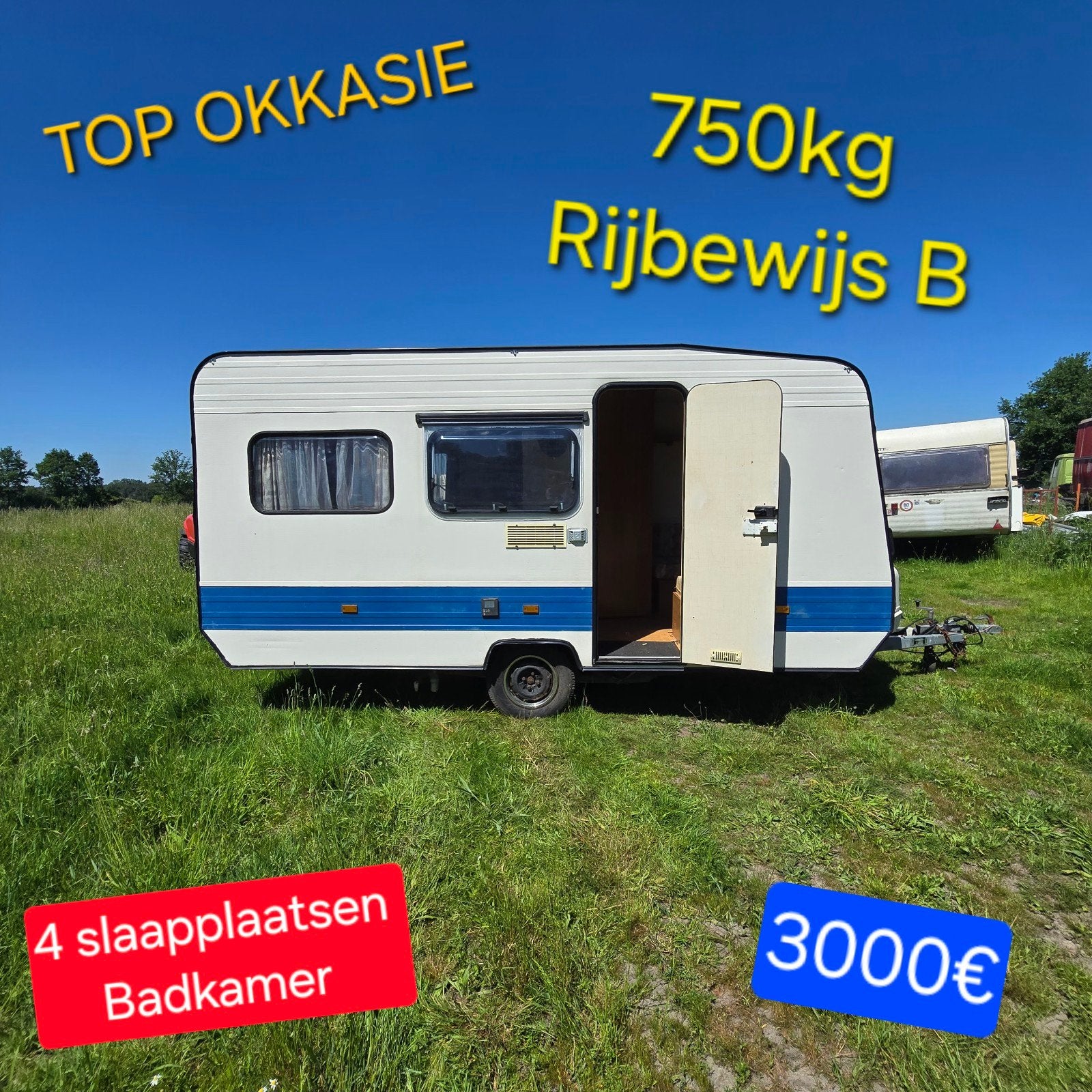Caravan 750kg rijbewijs B 4 slaapplaatsen Badkamer werfkeet, Caravans en Kamperen, Ophalen