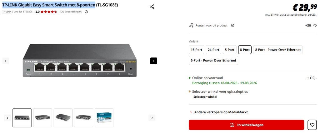 TP-Link Gigabit Easy Smart Switch TL-SG108E, Ophalen, Nieuw