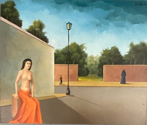 huile sur panneau l inconnue dans la ville signe carl prevot, Antiek en Kunst, Ophalen of Verzenden, Paneel