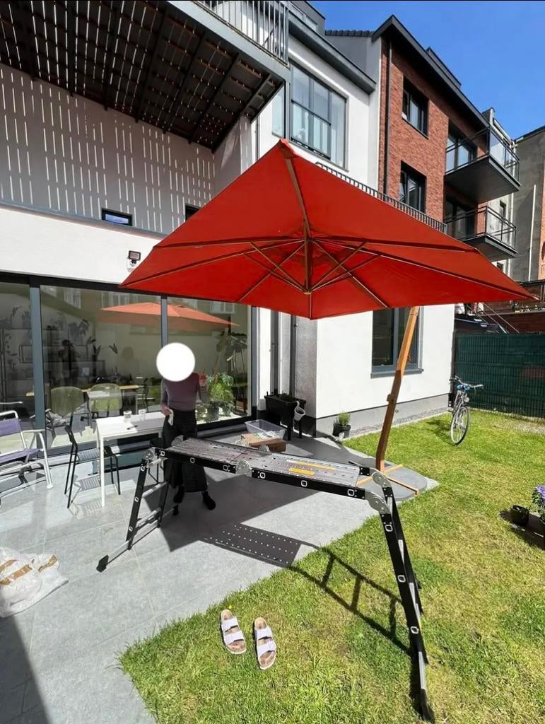 Parasol maison du monde (3x3) + voettegels, Ophalen, Parasolvoet, 3 tot 4 meter, Verstelbaar