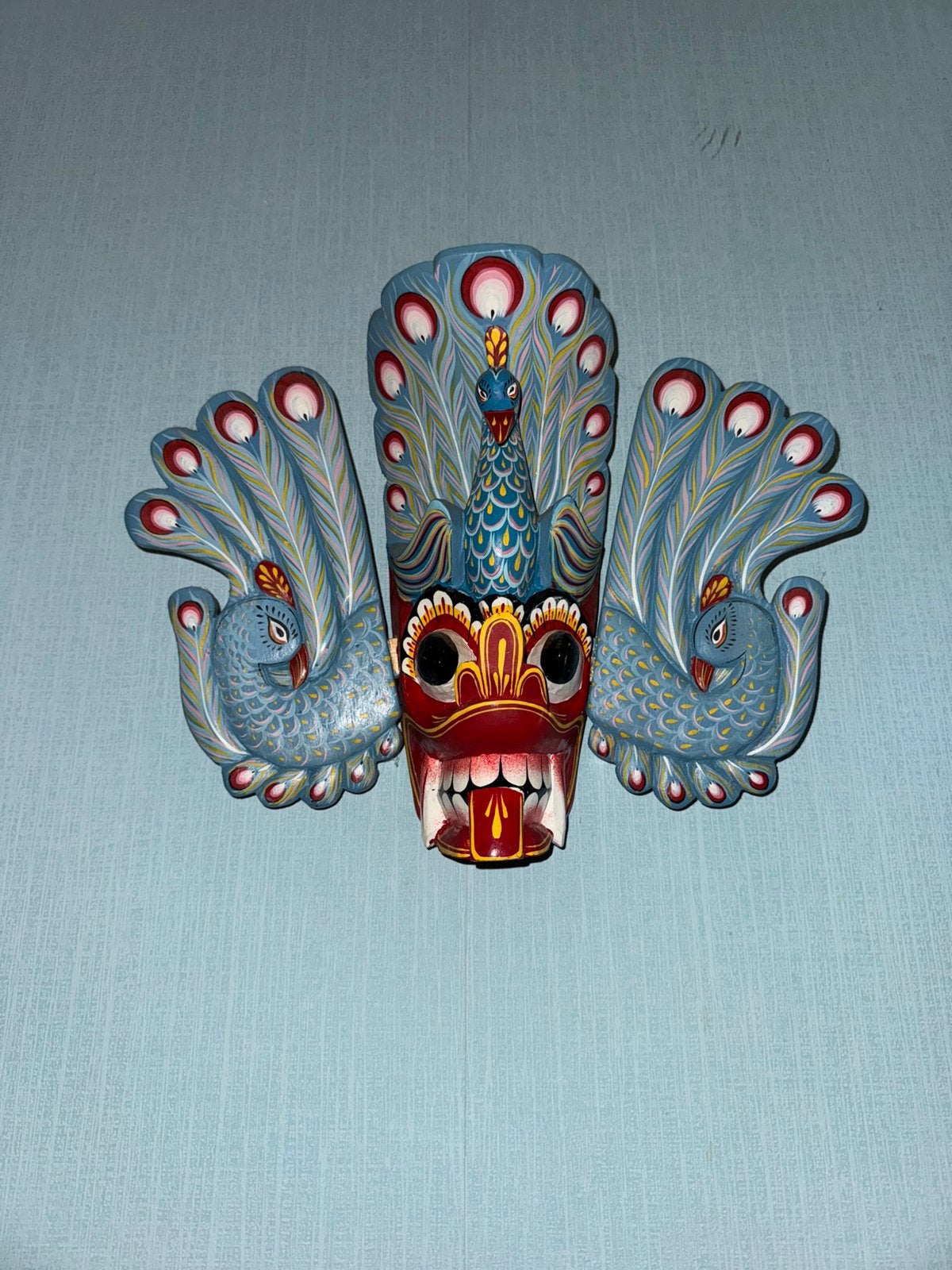 Mayura Raksha masker, Enlèvement ou Envoi, Asie, Bois, Bleu