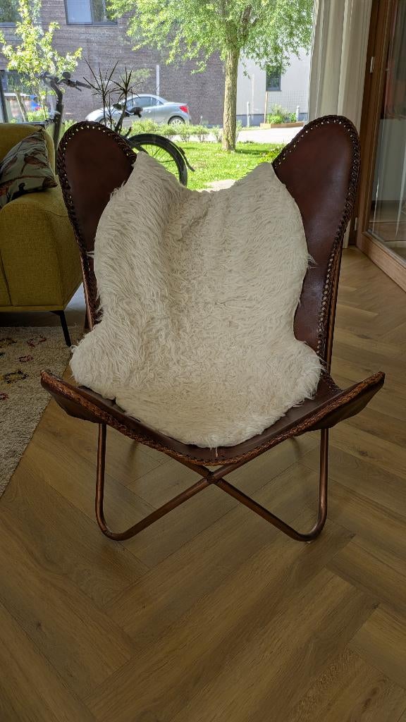 Vlinderstoel - Bruin - Leer, Huis en Inrichting, Stoelen, Ophalen, Gebruikt, Bruin, Vintage