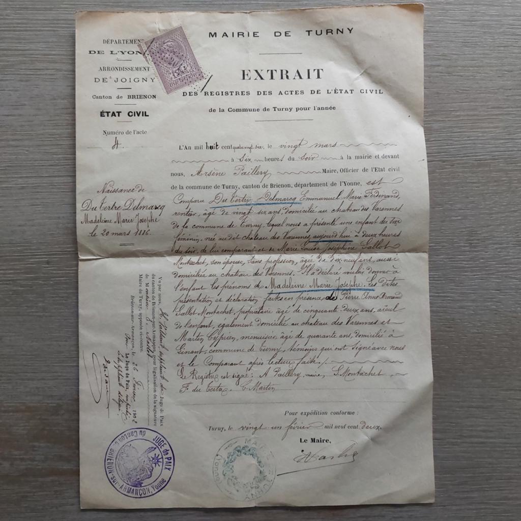 Oude Franse geboorteakte uit 1886 Turny (Lyon), Ophalen of Verzenden
