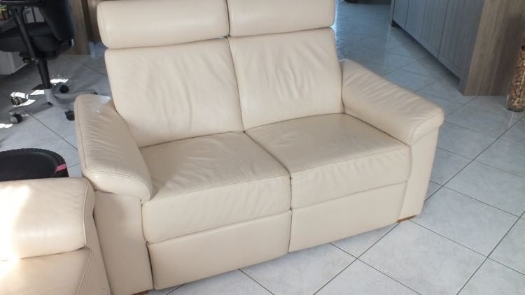 Canapé en cuir beige (3 places et 2 places), 75 à 100 cm, Banc droit, Comme neuf, Enlèvement