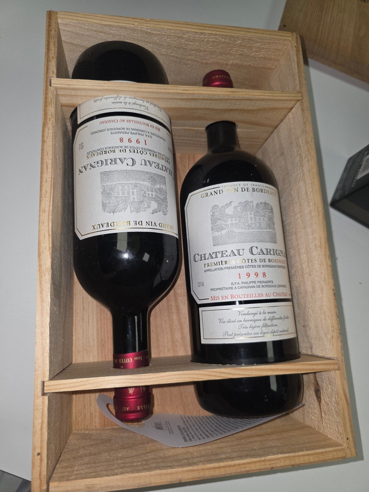 Originele houten wijnkist met 2 magnumflessen Château Carign, Verzamelen, Ophalen