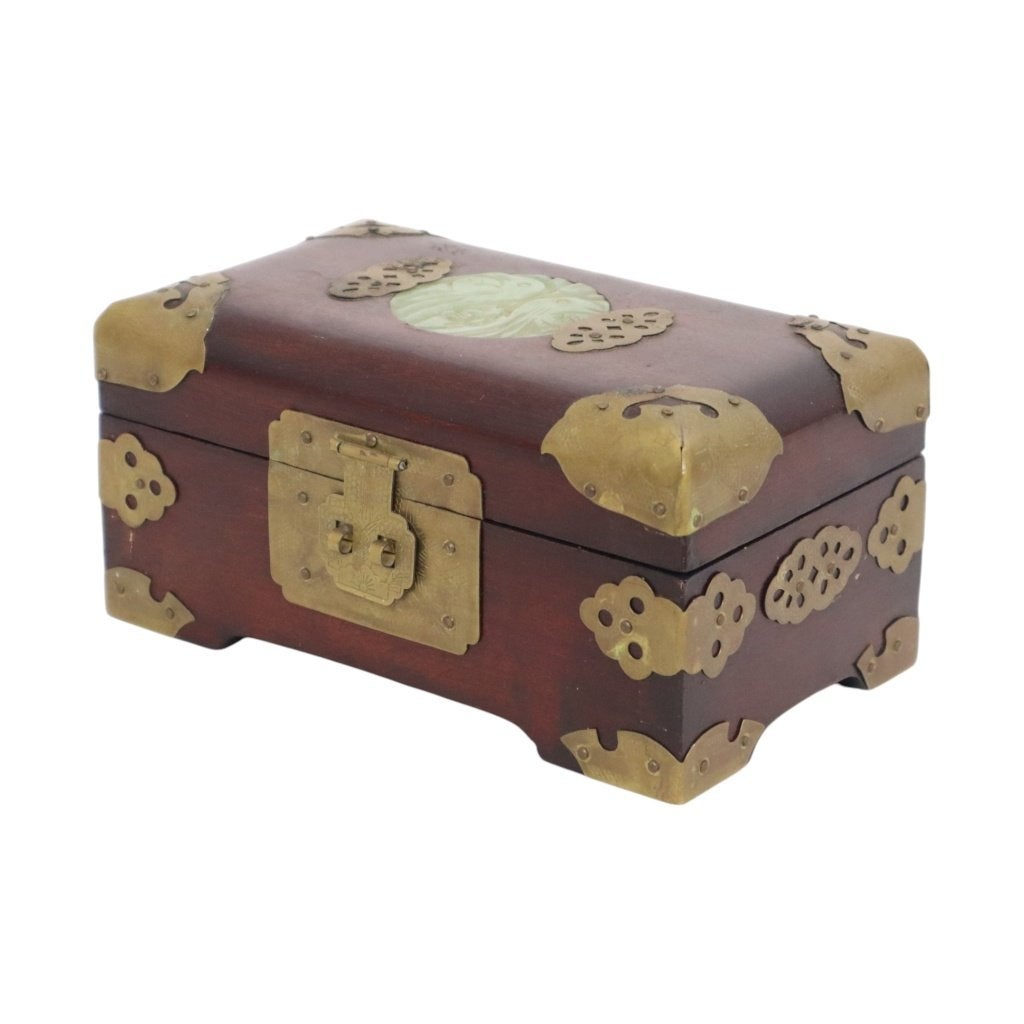 Oude Houten Chinese Juwelenkist Sierraden Doos Jade Messing, Enlèvement ou Envoi