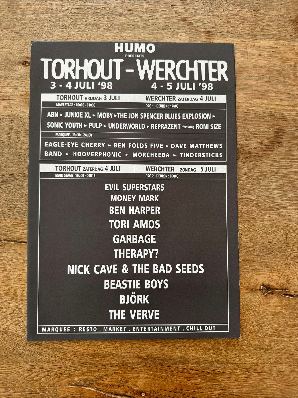 Flyer Torhout-Werchter 1998, Verzamelen, Muziek, Artiesten en Beroemdheden, Ophalen of Verzenden, Zo goed als nieuw