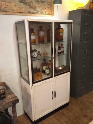 Vintage labokast / vitrinekast jaren 50-60 gerestaureerd, Ophalen, Gebruikt, Met deur(en), Vintage