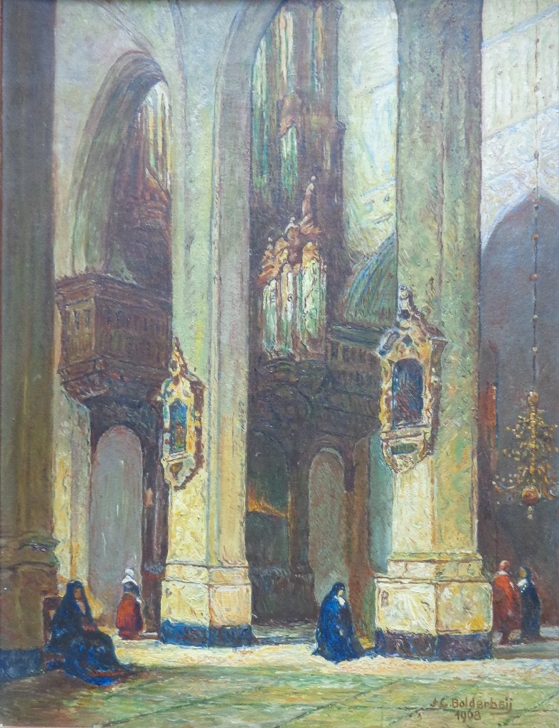 J. C. BOLDERHEIJ / KERKINTERIEUR / OLIEVERF / 45x36cm KADER, Doek, Expressionistisch, Ophalen of Verzenden, Gesigneerd