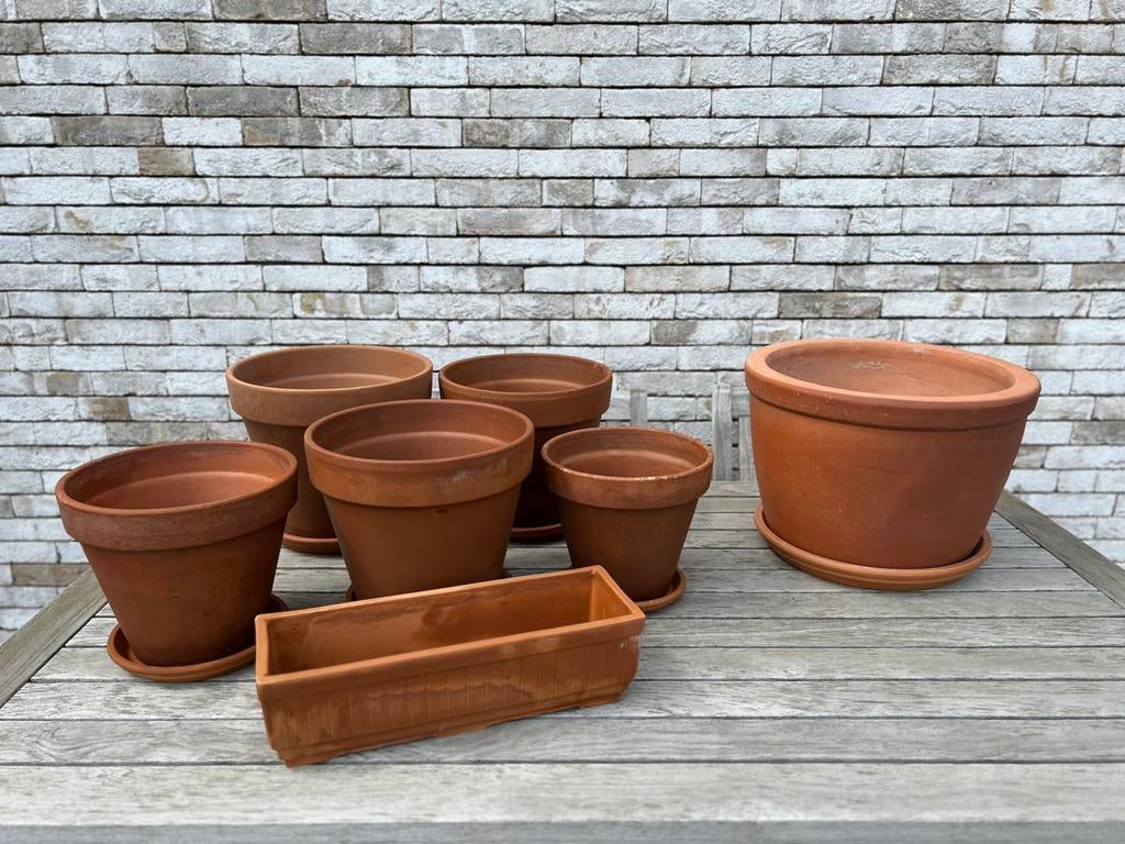 Italiaanse vorstvrije terracotta set 7 bloempotten, Ophalen, Gebruikt, Terracotta