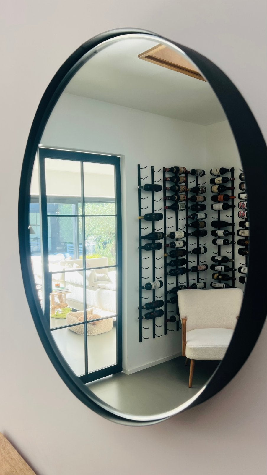 Design ronde wandspiegel - diep matzwart frame, Huis en Inrichting, Ophalen, Zo goed als nieuw, Rond