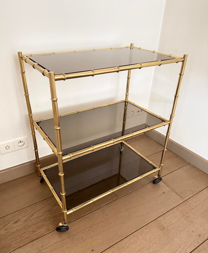 Hollywood regency trolley, vintage koperen bamboetafel, Huis en Inrichting, Ophalen, Gebruikt, 50 tot 100 cm, Hollywood regency