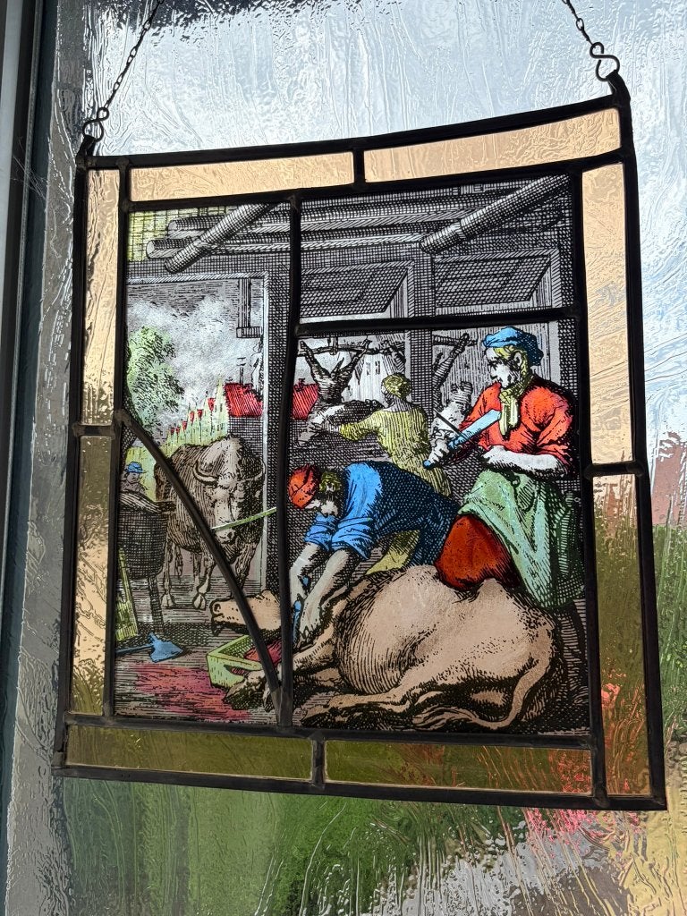 Glas-in-lood hangpaneel met figuratieve scène, Ophalen