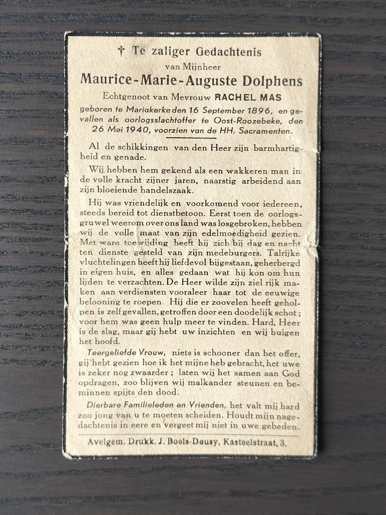 Slachtoffer WO II - Mariakerke - Oostrozebeke 26 mei 1940, Verzamelen, Bidprentjes en Rouwkaarten, Bidprentje, Verzenden