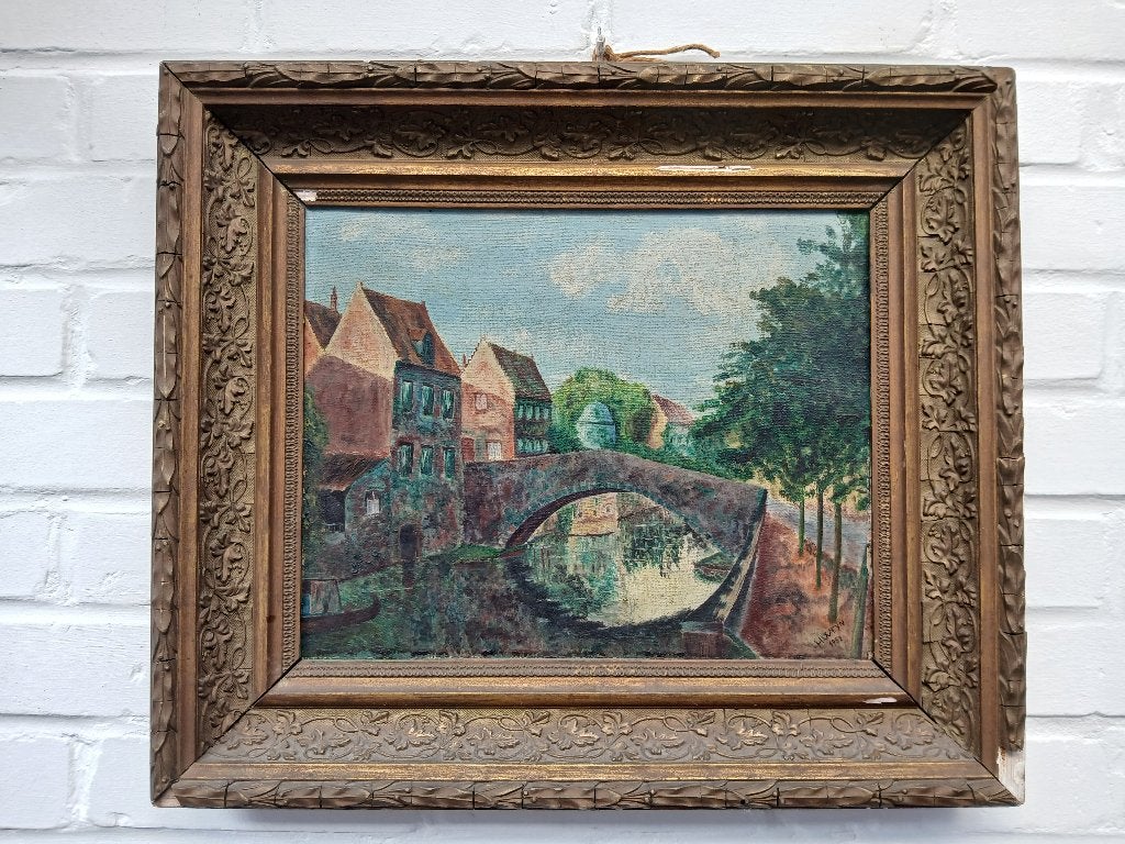 Schilderijtje "Brugge", Antiek en Kunst, Ophalen, Gesigneerd, Doek