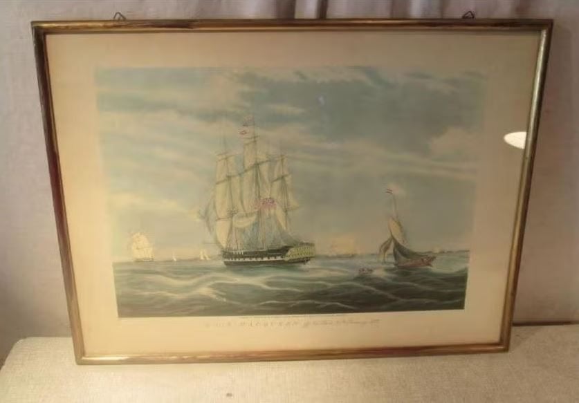 Belle œuvre d'art ancienne - Voilier HCS Macqueen - 59x45, Maison & Meubles, Enlèvement ou Envoi, Comme neuf, Imprimé