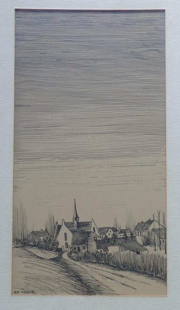 ROB DELANGE / DORPSZICHT / ORIGINEEL WERK / 53x36cm / KADER, Antiek en Kunst, Kunst | Tekeningen en Fotografie, Ophalen of Verzenden