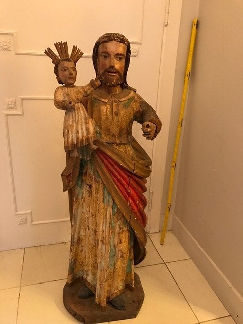 Rustiek houten beeld van Sint-Jozef en het Kindje Jezus, Ophalen