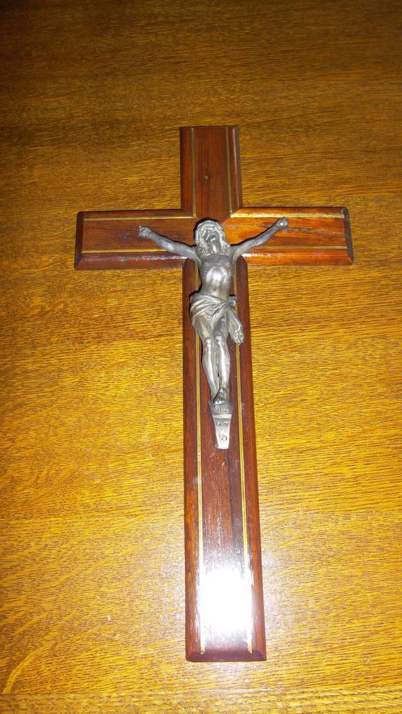 Houten Koper met Christus in koper, Antiek en Kunst, Antiek | Religieuze voorwerpen, Ophalen of Verzenden