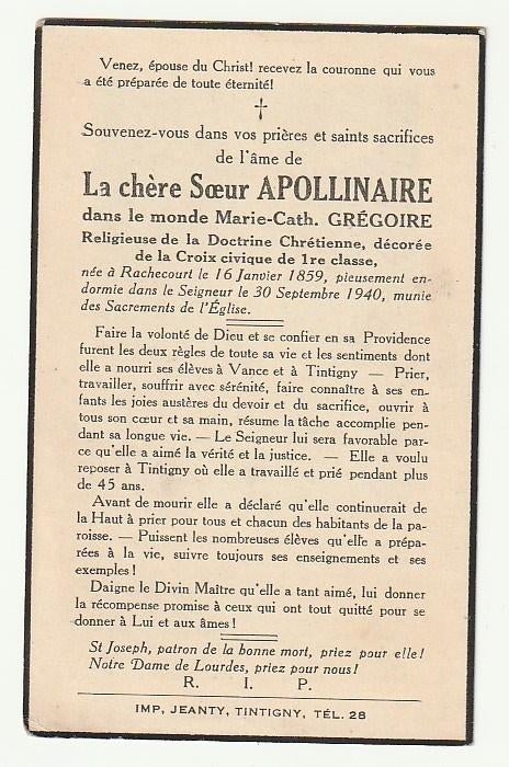 Décès Soeur Apollinaire ( Grégoire) Rachecourt 1859 - 1940, Verzenden