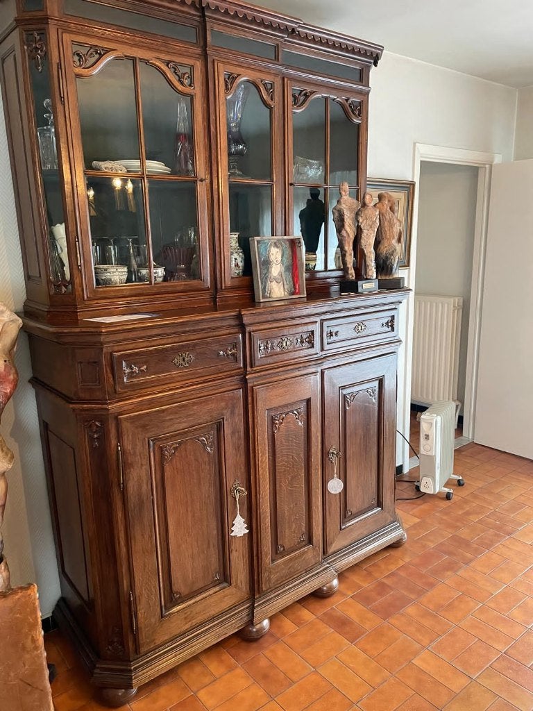 Grote Antieke Neogotische Eiken Buffetkast / Vitrinekast, Ophalen, Eikenhout, Zo goed als nieuw, 200 cm of meer