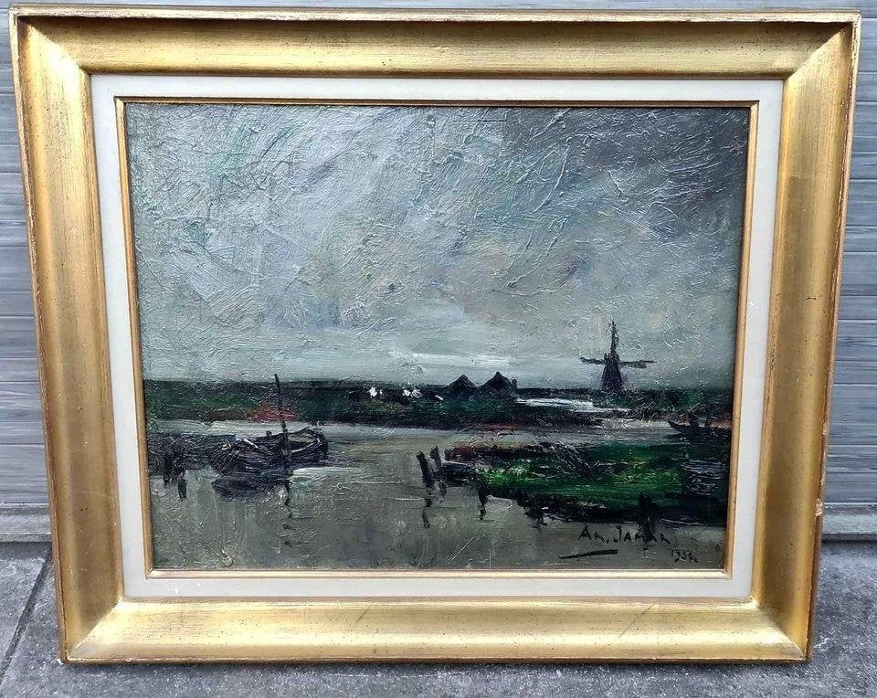 Huile sur panneau paysage hollandais signe Armand jamar, Antiquités & Art, Art | Peinture | Classique, Enlèvement ou Envoi, Paysage