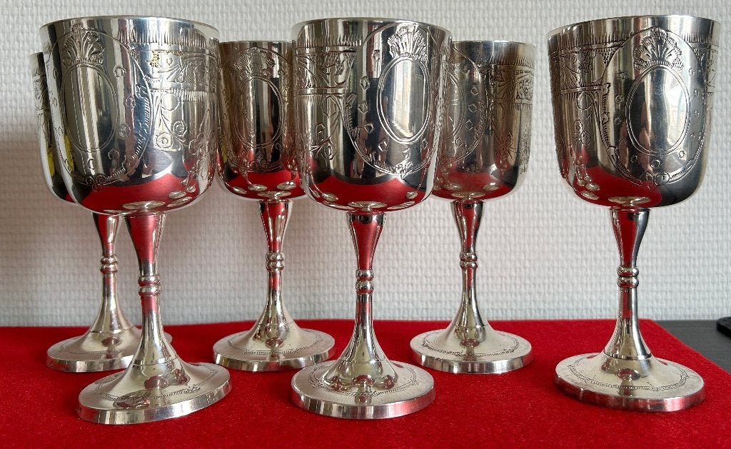 6 verzilverde wijnbekers met keurmerk, Ophalen of Verzenden, Zilver