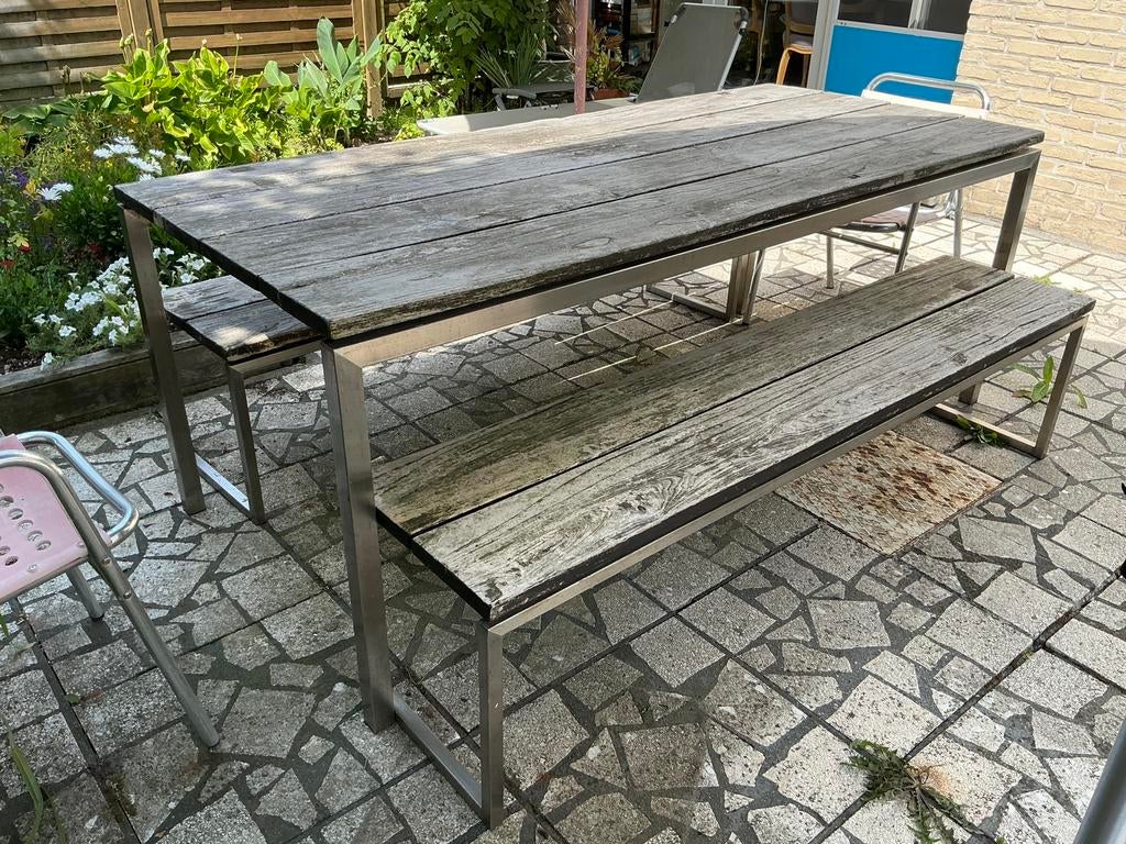 Table et bancs de jardin en acier inoxydable et en bois., Jardin & Terrasse, Ensembles de jardin, Inox, Salons de jardin, Enlèvement