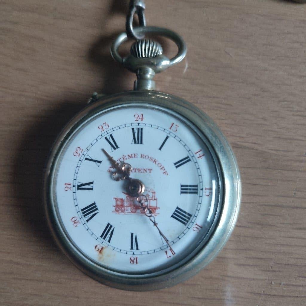 Oude zilveren zakhorloge ROSKOPF, Handtassen en Accessoires, Ophalen, Zakhorloge, 1900 tot 1930, Met ketting