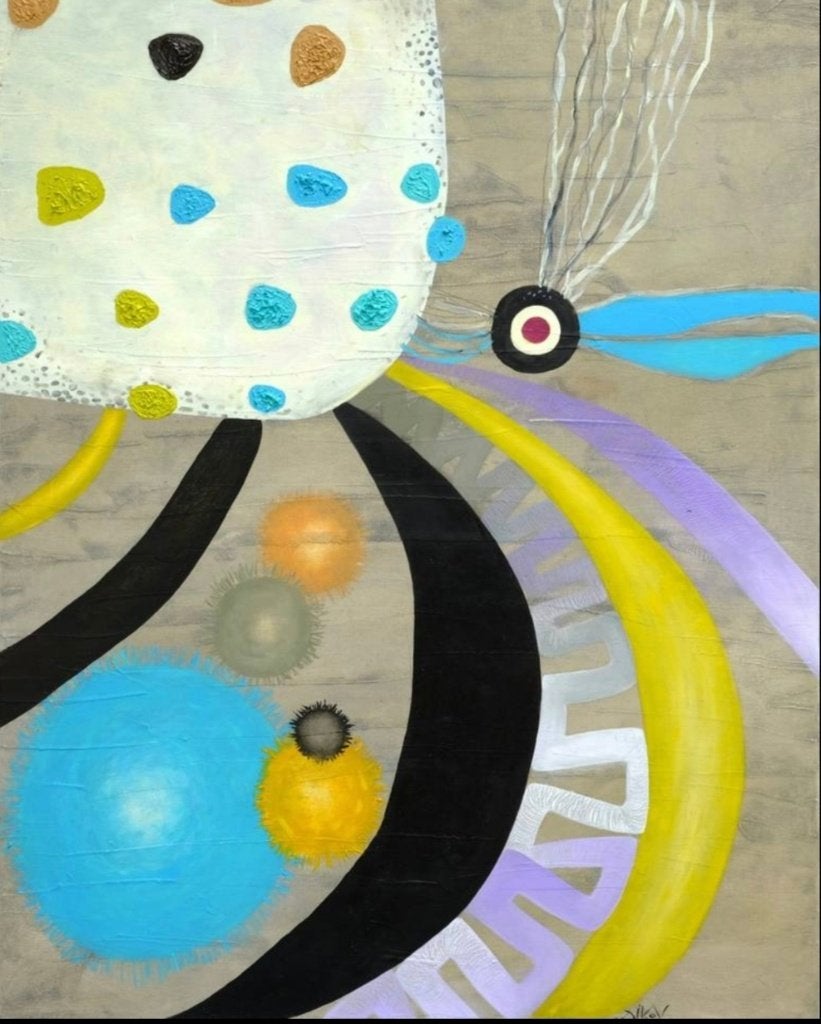 Grand tableau abstrait peintre bulgare Dikov, Enlèvement ou Envoi