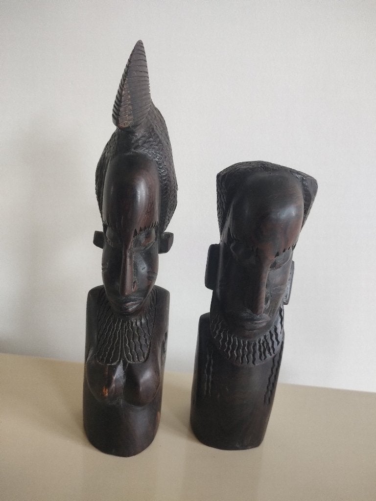 Vintage Afrikaans houtsnijwerk – 2 handgesneden bustes, Enlèvement, Bois, Sculpture sur bois
